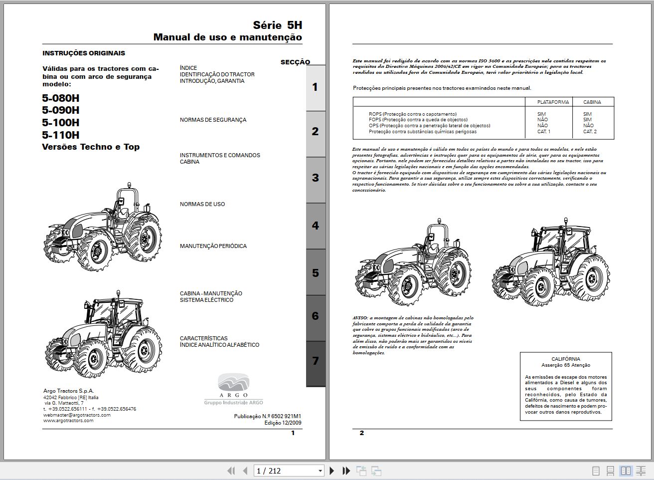 Landini Tractor 5 080H to 5 110H Techno Top Operators Maintenance Manual 6502921M1 PT 1