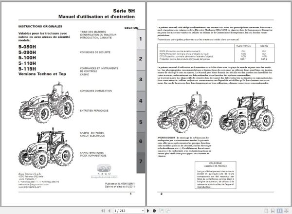 Landini Tractor 5 080H to 5 115H Techno And Top Operators Maintenance Manual 6506029M1 FR 1