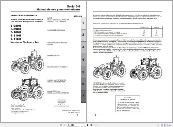 Landini Tractor 5 080H to 5 115H Techno And Top Operators Maintenance Manual 6506030M1 ES 1