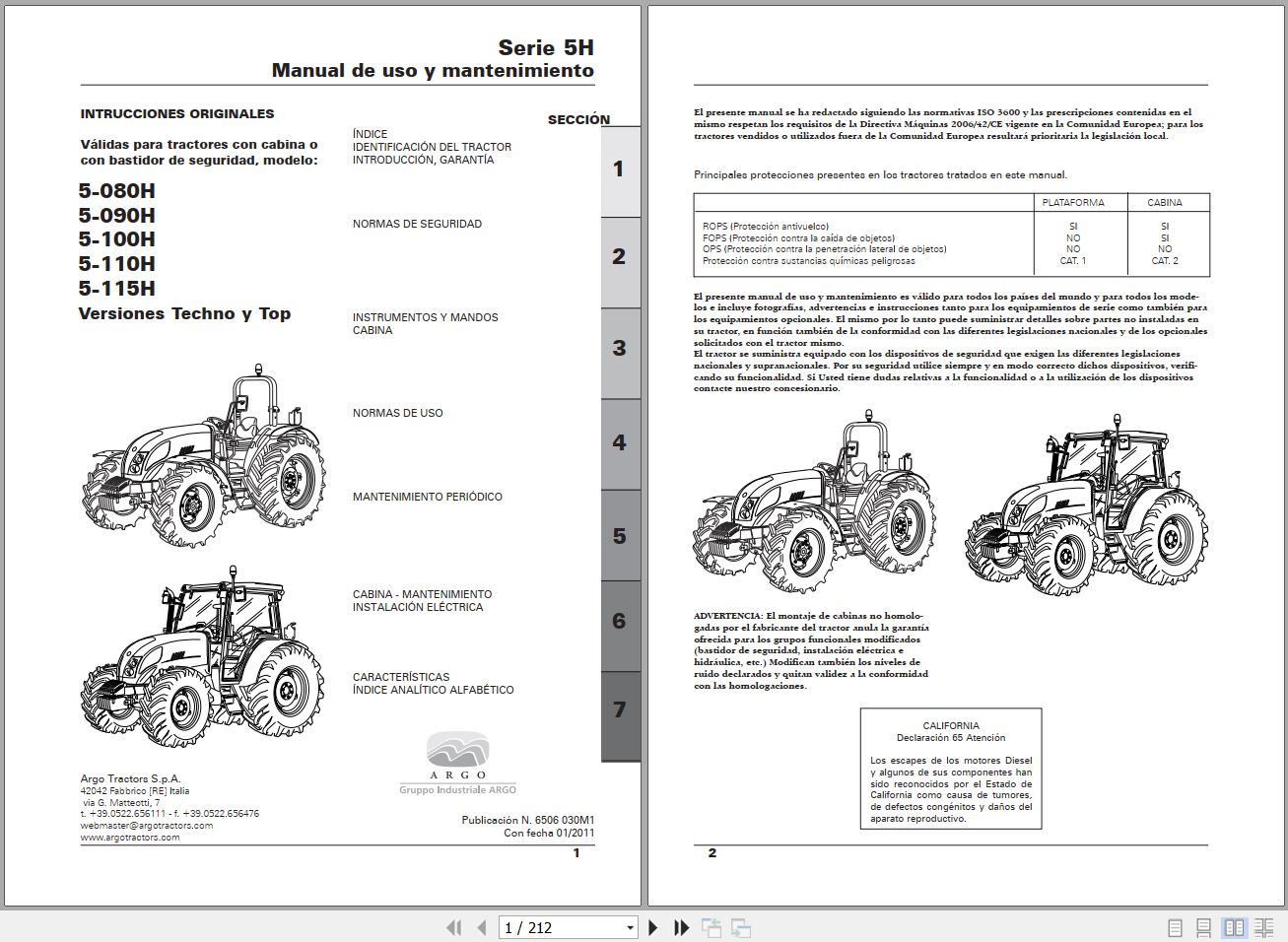 Landini Tractor 5 080H to 5 115H Techno And Top Operators Maintenance Manual 6506030M1 ES 1