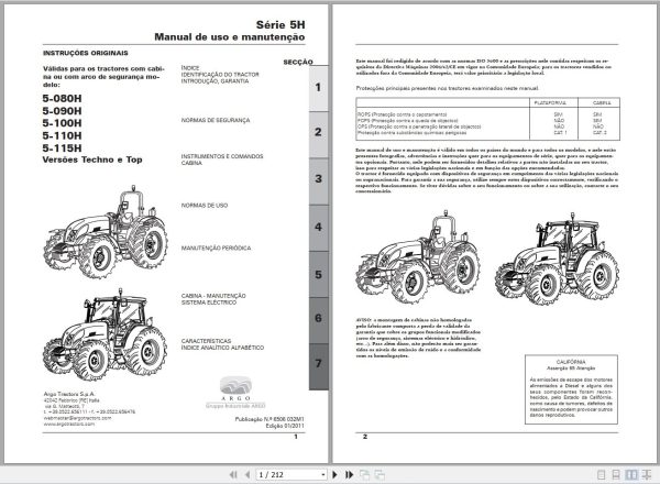 Landini Tractor 5 080H to 5 115H Techno Top Operators Maintenance Manual 6506032M1 PT 1
