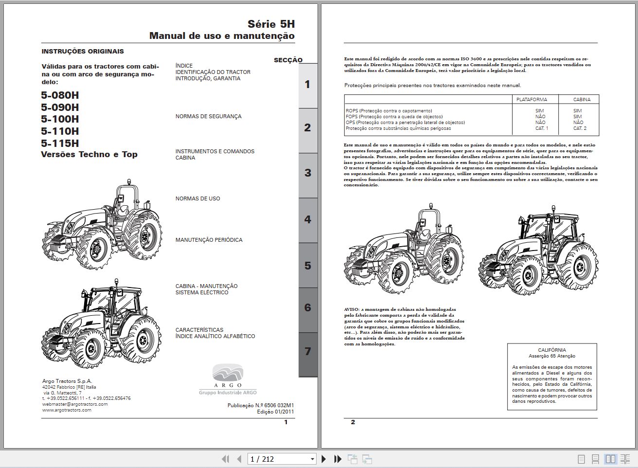 Landini Tractor 5 080H to 5 115H Techno Top Operators Maintenance Manual 6506032M1 PT 1