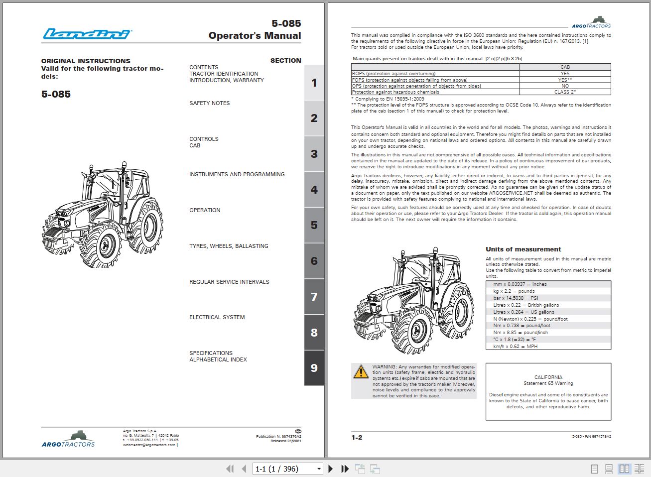 Landini Tractor 5 085 Operators Maintenance Manual 6674379A2 EN 1
