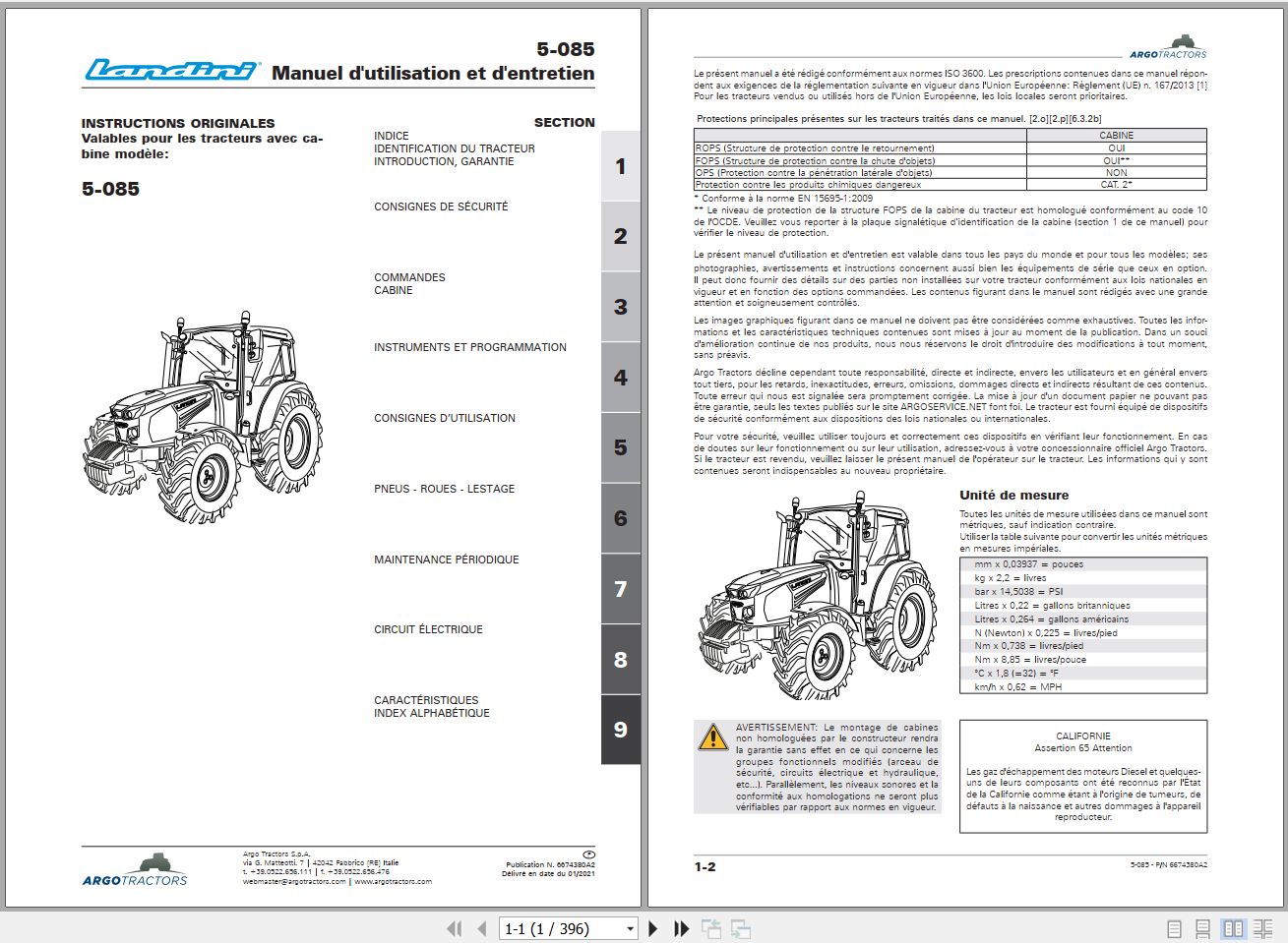 Landini Tractor 5 085 Operators Maintenance Manual 6674380A2 FR 1