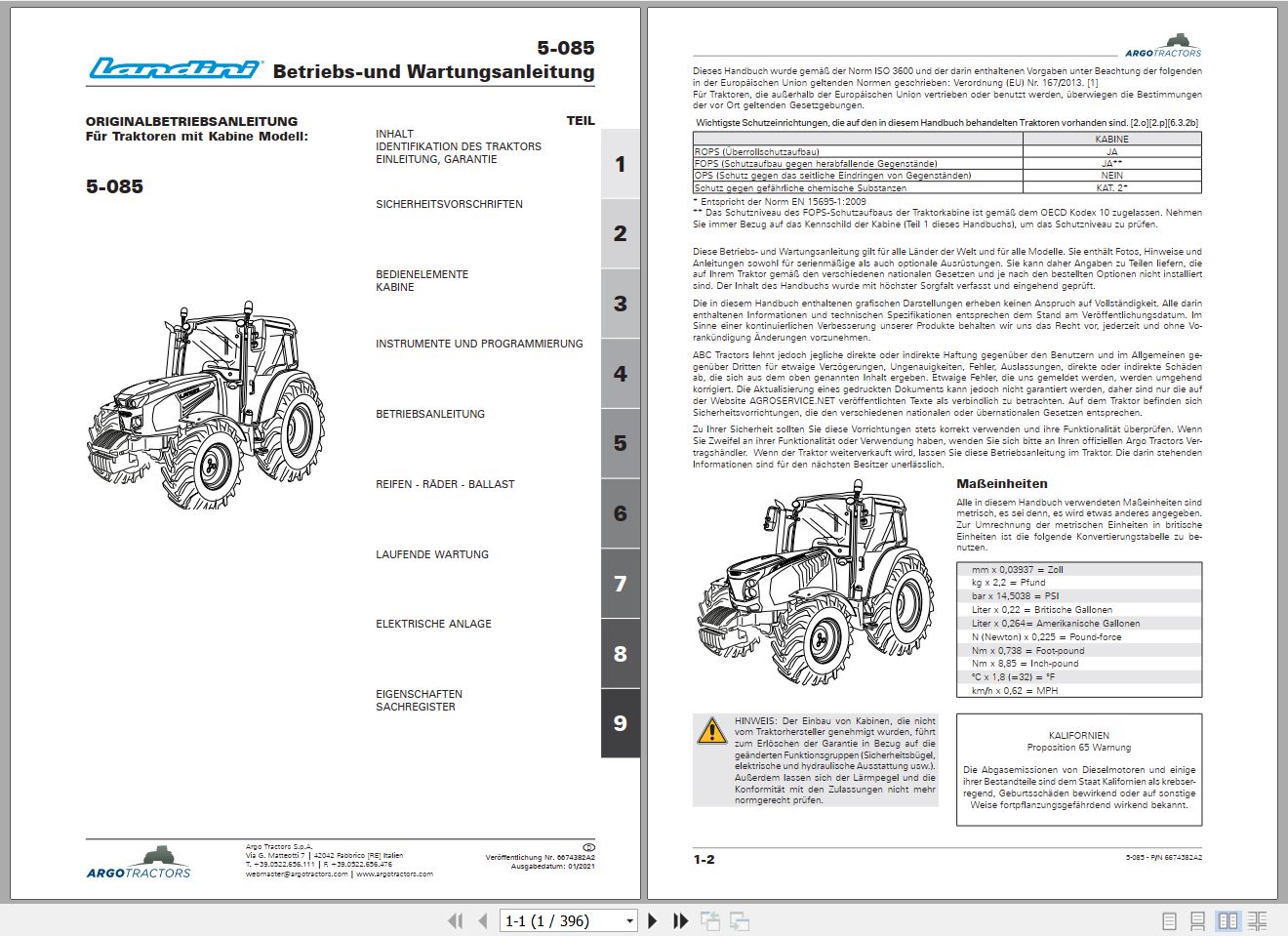Landini Tractor 5 085 Operators Maintenance Manual 6674382A2 DE 1