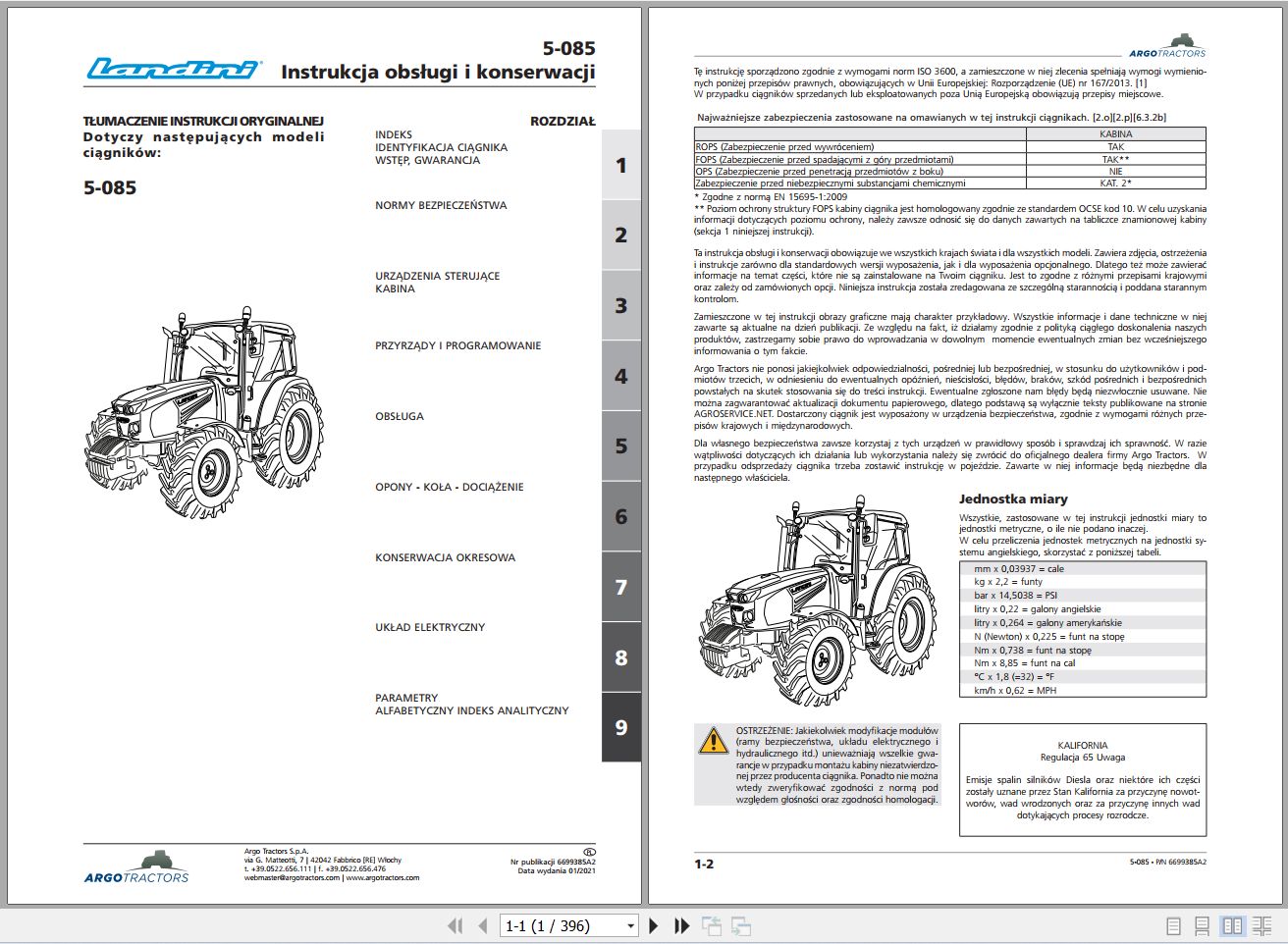 Landini Tractor 5 085 Operators Maintenance Manual 6699385A2 PL 1