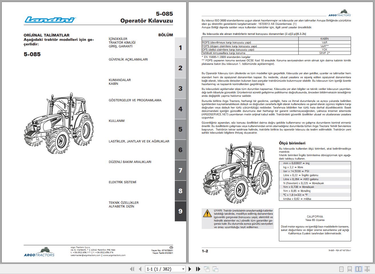 Landini Tractor 5 085 Operators Maintenance Manual 6716735A1 TR 1