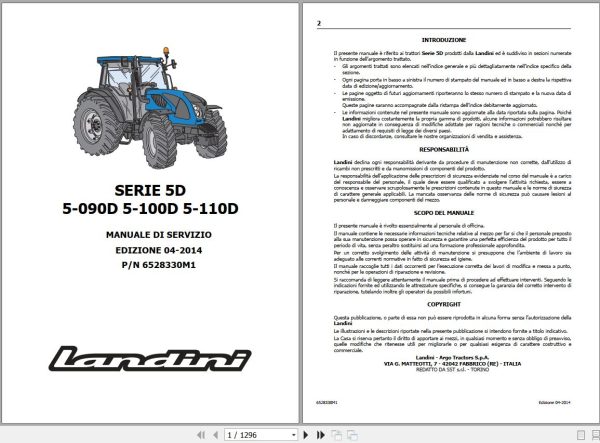 Landini Tractor 5 090D 5 100D 5 110D Service Manual 6528330M1 IT 1