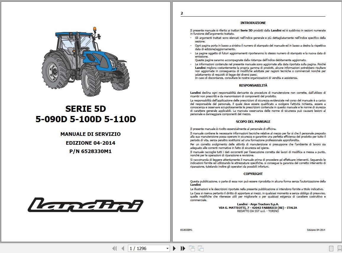 Landini Tractor 5 090D 5 100D 5 110D Service Manual 6528330M1 IT 1
