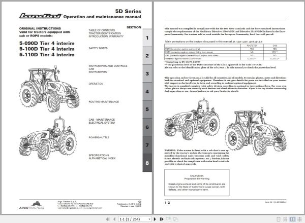 Landini Tractor 5 090D to 5 110D Operators Maintenance Manual 6513365M2 EN 1