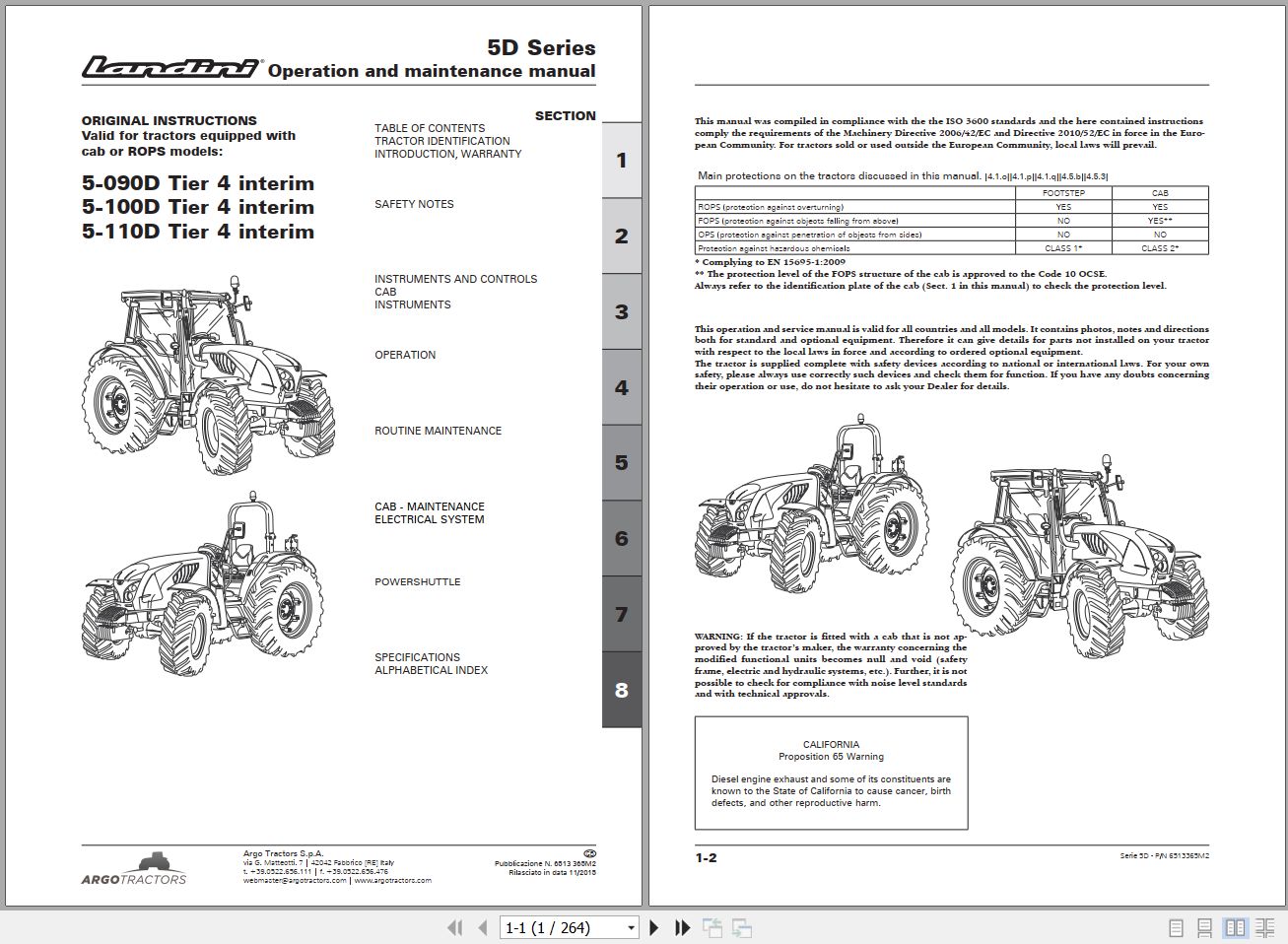 Landini Tractor 5 090D to 5 110D Operators Maintenance Manual 6513365M2 EN 1