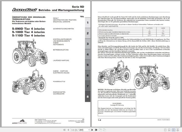 Landini Tractor 5 090D to 5 110D Operators Maintenance Manual 6513368M2 DE 1