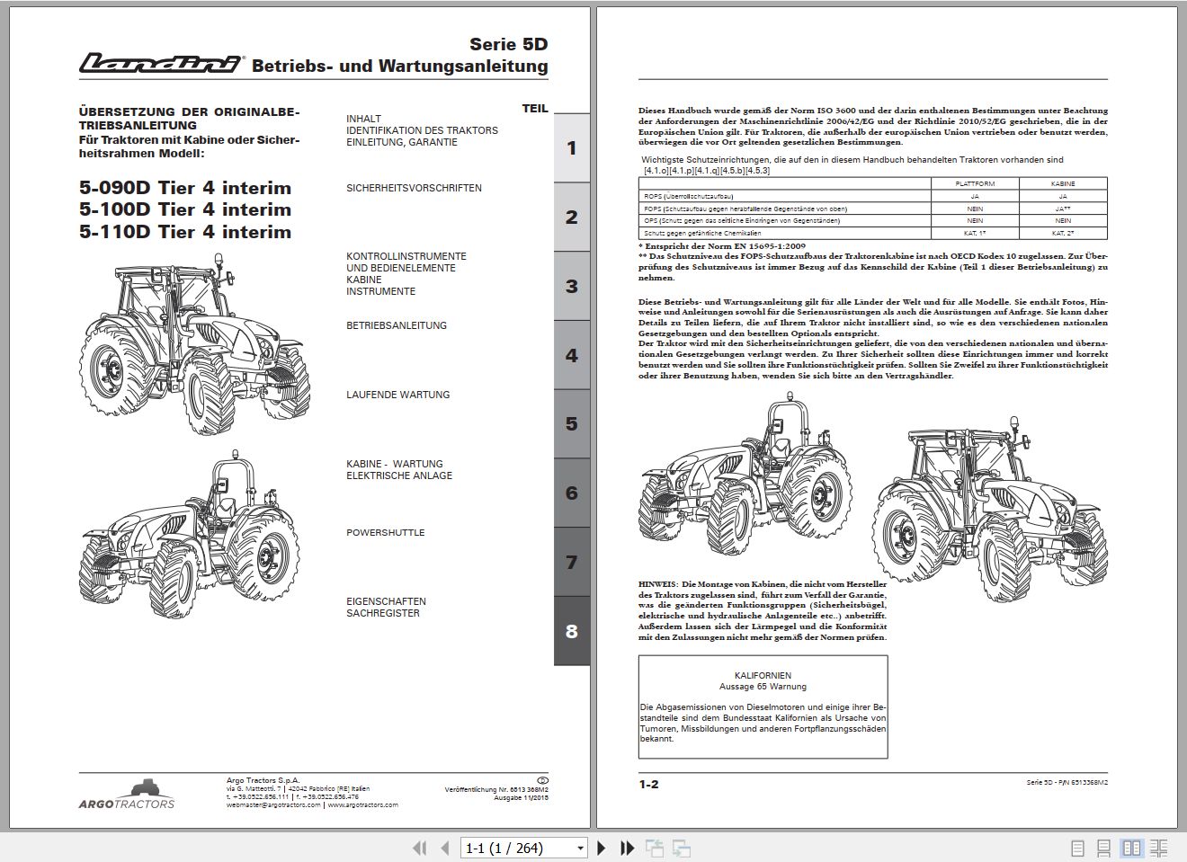 Landini Tractor 5 090D to 5 110D Operators Maintenance Manual 6513368M2 DE 1