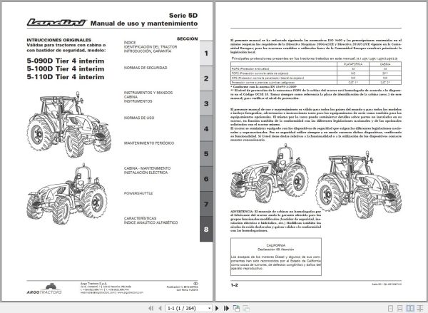 Landini Tractor 5 090D to 5 110D Tier 4 interim Operators Maintenance Manual 6513367M2 ES 2