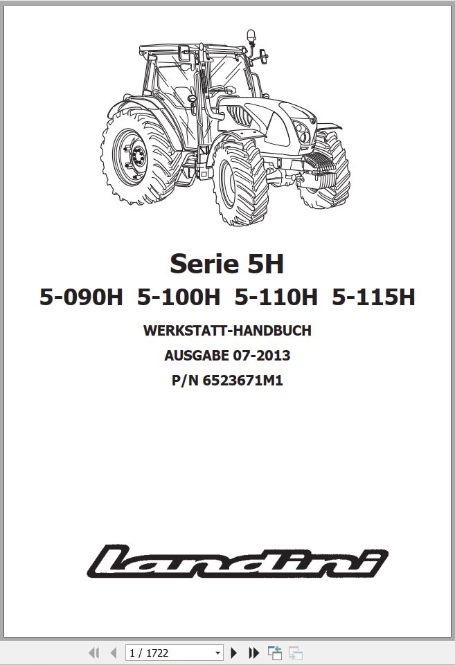Landini Tractor 5 090H 5 100H 5 110H 5 115H Service Manual 6523671M1 DE 1