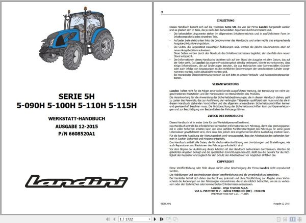 Landini Tractor 5 090H 5 100H 5 110H 5 115H Service Manual 6608520A1 DE 1