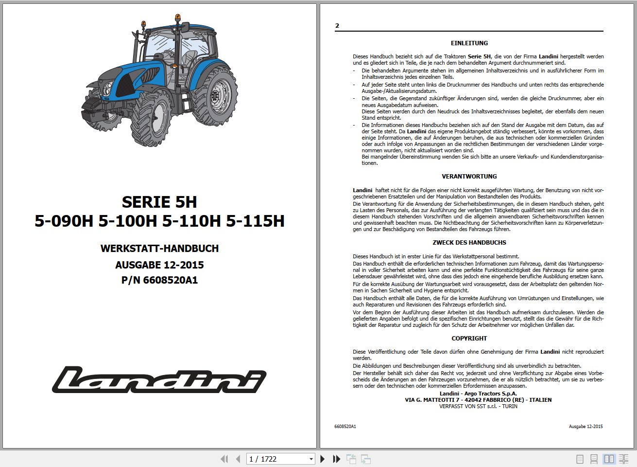 Landini Tractor 5 090H 5 100H 5 110H 5 115H Service Manual 6608520A1 DE 1