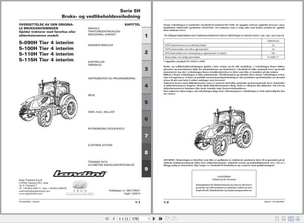Landini Tractor 5 090H 5 100H 5 110H 5 115H Tier4 Operators Maintenance Manual 6602795A1 NO 1