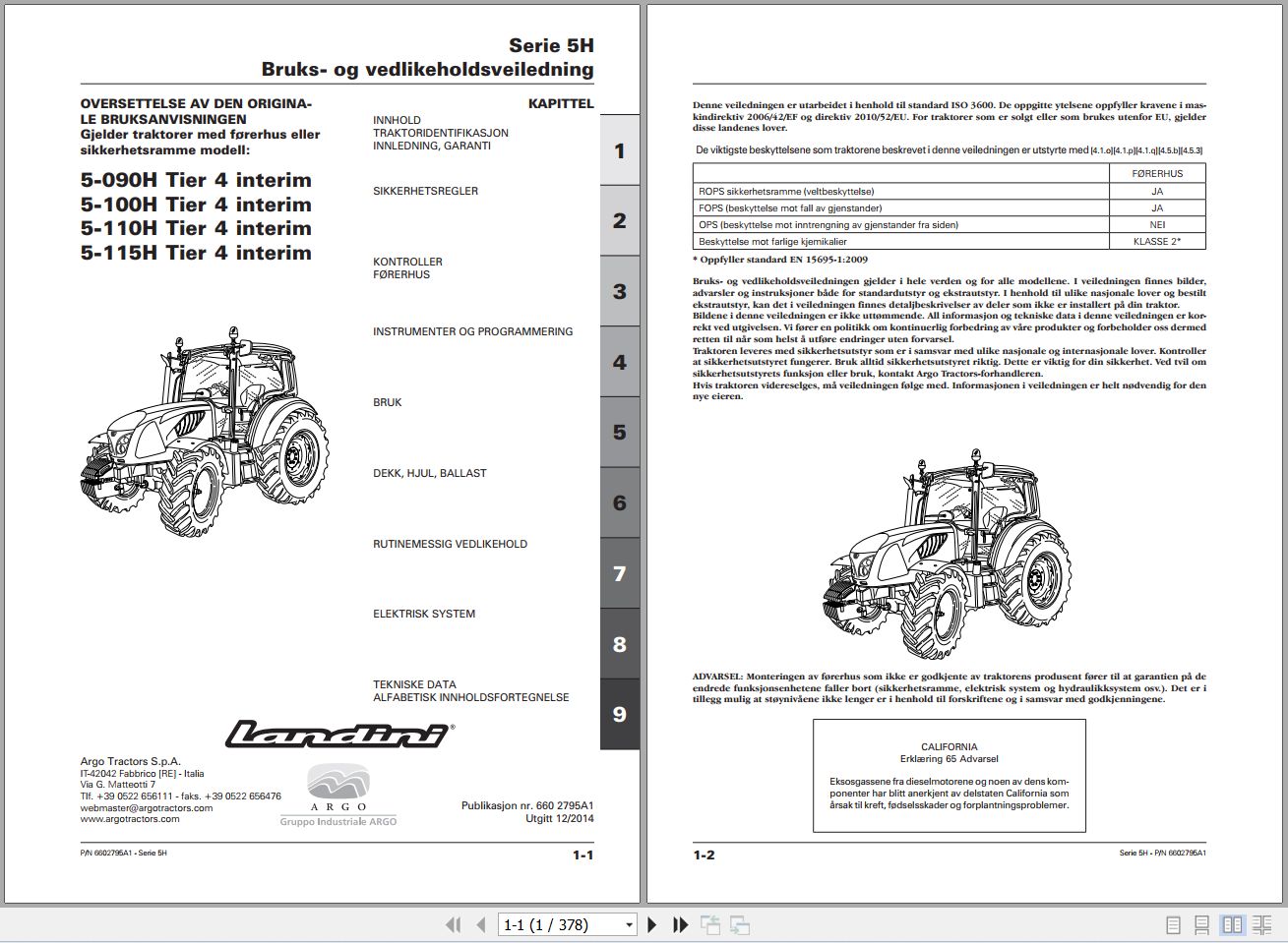 Landini Tractor 5 090H 5 100H 5 110H 5 115H Tier4 Operators Maintenance Manual 6602795A1 NO 1
