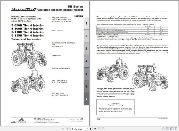 Landini Tractor 5 090H to 5 115H Operators Maintenance Manual 6513089M2 EN 1