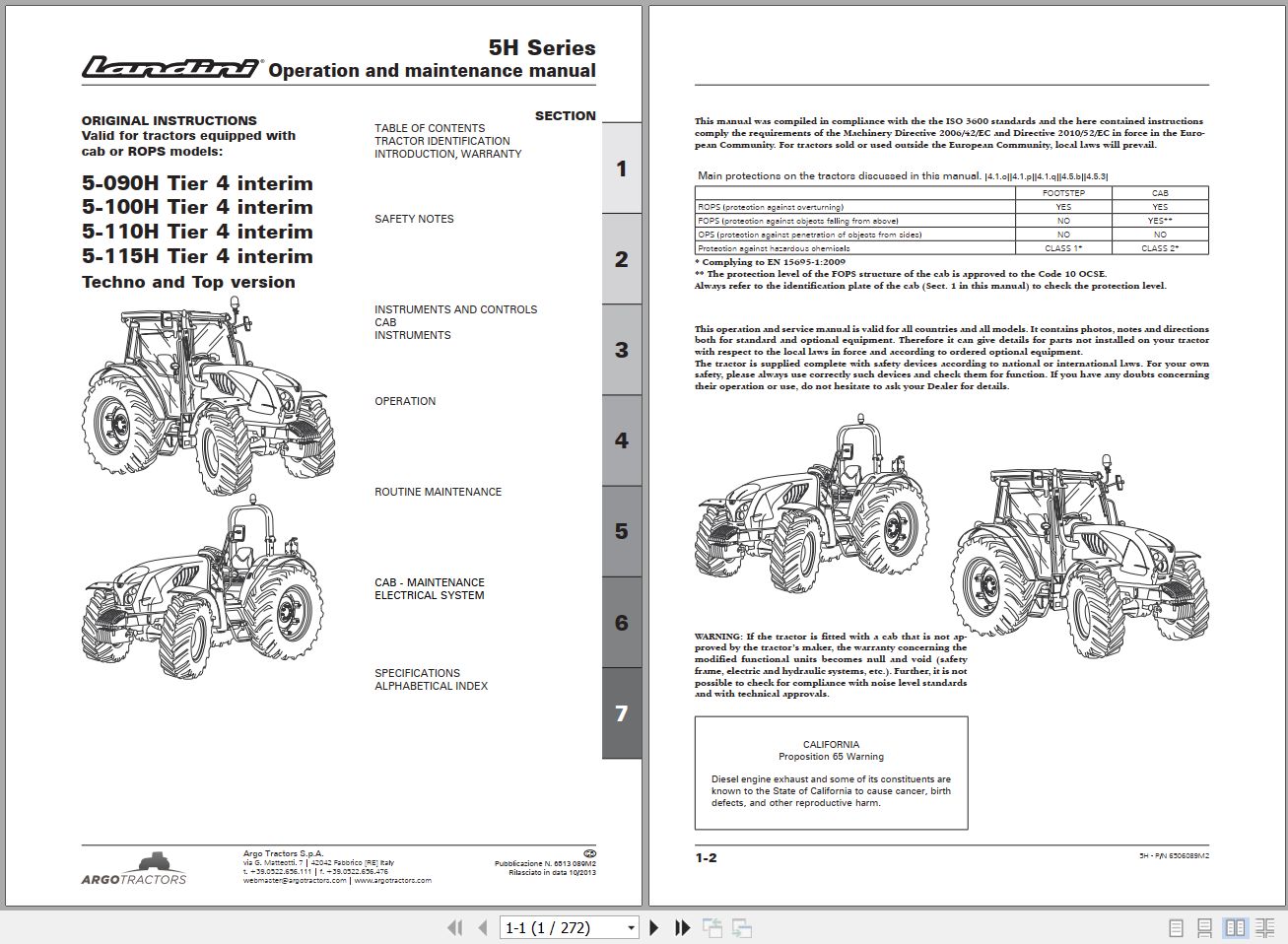 Landini Tractor 5 090H to 5 115H Operators Maintenance Manual 6513089M2 EN 1