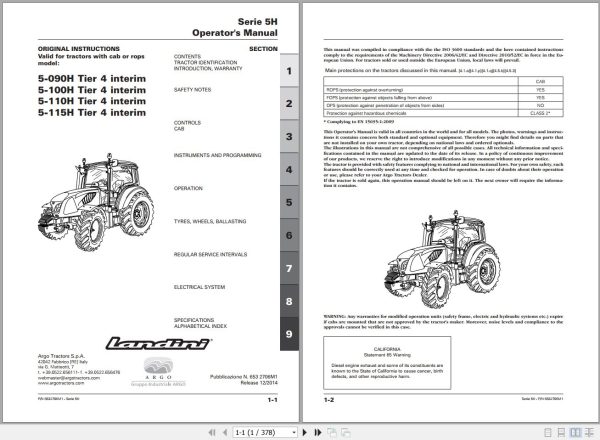 Landini Tractor 5 090H to 5 115H Operators Maintenance Manual 6532706M1 EN 1