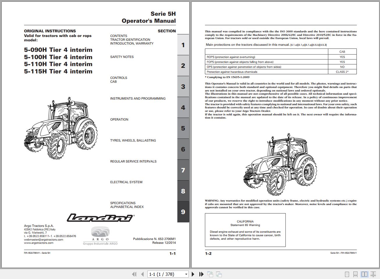 Landini Tractor 5 090H to 5 115H Operators Maintenance Manual 6532706M1 EN 1