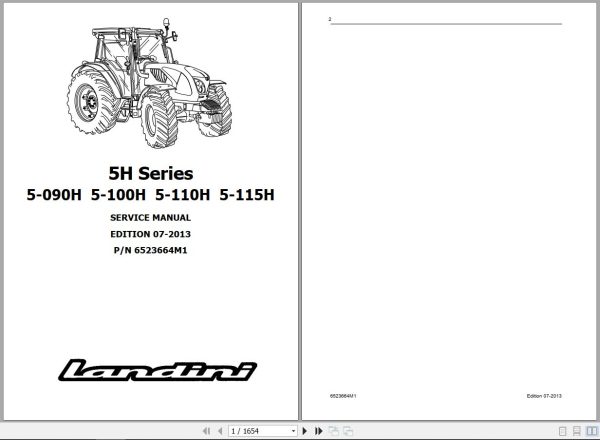 Landini Tractor 5 090H to 5 115H Service Manual 6523664M1 EN 1