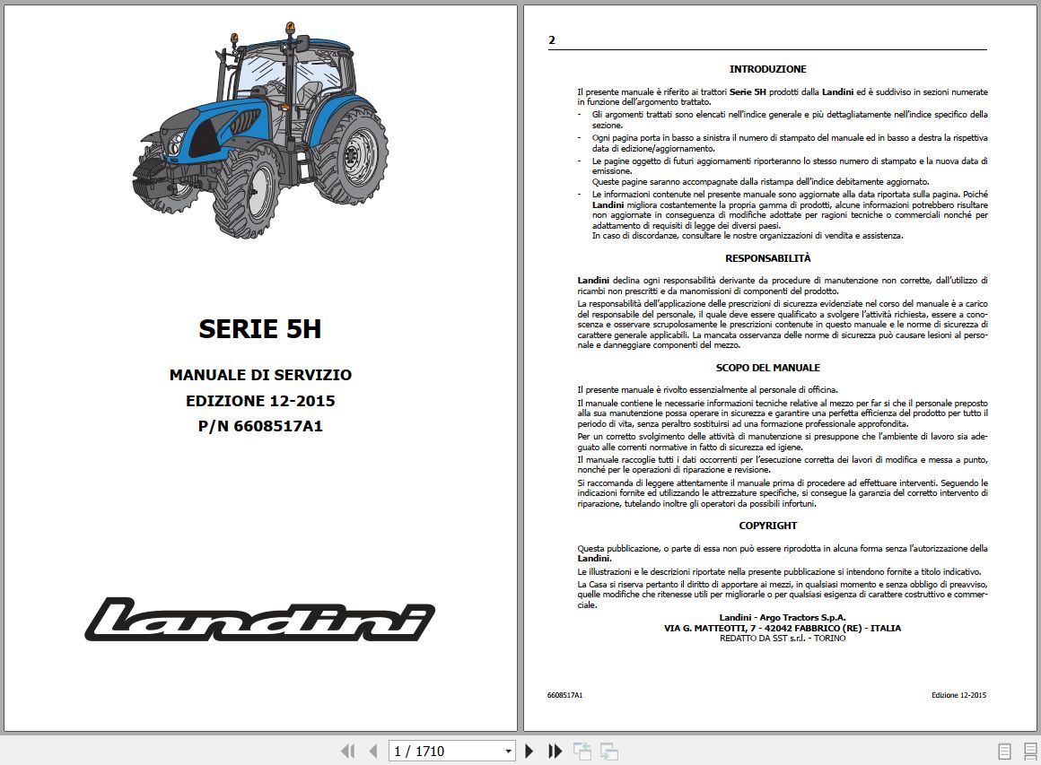 Landini Tractor 5 090H to 5 115H Service Manual 6608517A1 IT 1