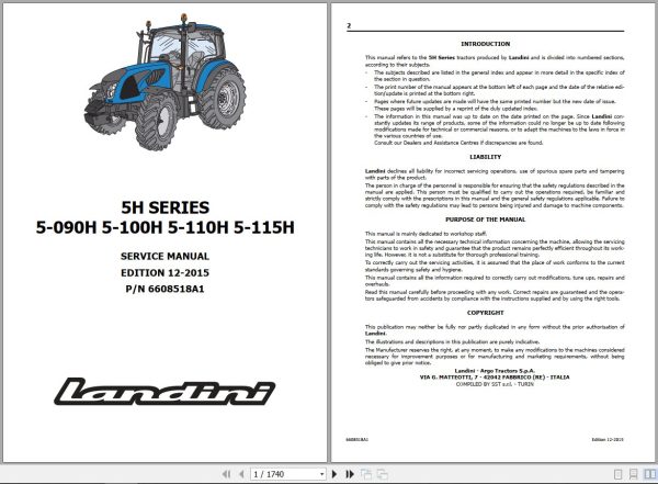 Landini Tractor 5 090H to 5 115H Service Manual 6608518A1 EN 1