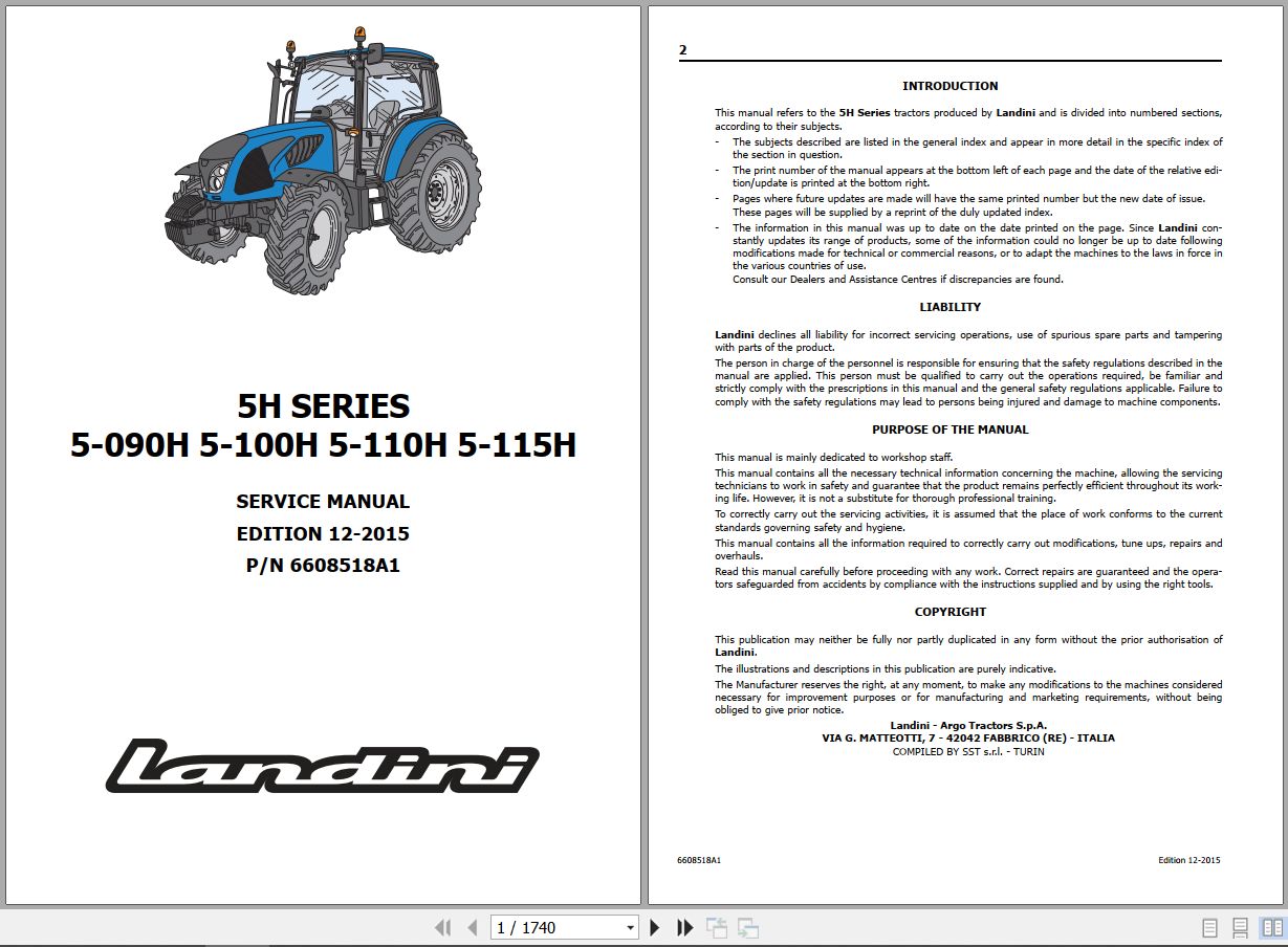 Landini Tractor 5 090H to 5 115H Service Manual 6608518A1 EN 1