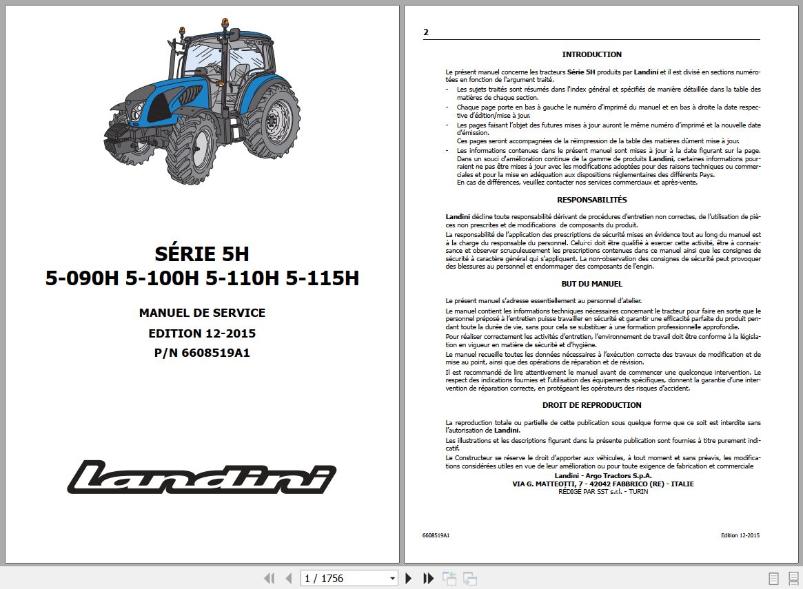Landini Tractor 5 090H to 5 115H Service Manual 6608519A1 FR 1