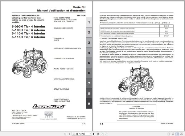 Landini Tractor 5 090H to 5 115H Tier 4 Operators Maintenance Manual 6532708M1 FR 1