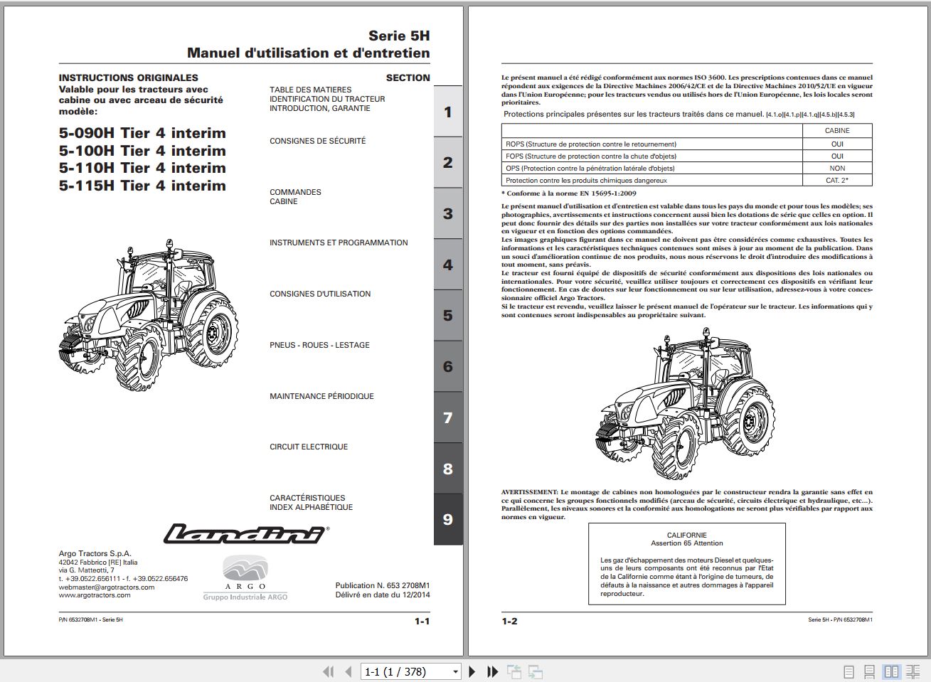 Landini Tractor 5 090H to 5 115H Tier 4 Operators Maintenance Manual 6532708M1 FR 1
