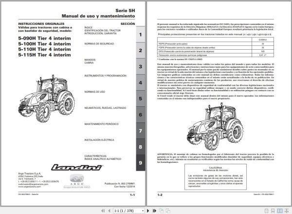 Landini Tractor 5 090H to 5 115H Tier 4 Operators Maintenance Manual 6532709M1 ES 1