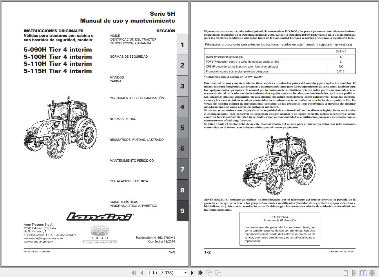 Landini Tractor 5 090H to 5 115H Tier 4 Operators Maintenance Manual 6532709M1 ES 1