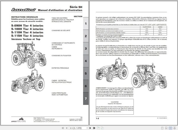 Landini Tractor 5 090H to 5 115H Tier4 Operators Maintenance Manual 6513090M2 FR 1