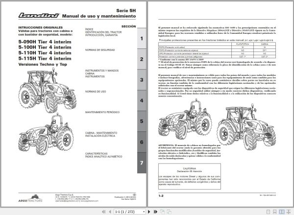 Landini Tractor 5 090H to 5 115H Tier4 interim Operators Maintenance Manual 6513091M2 ES 1
