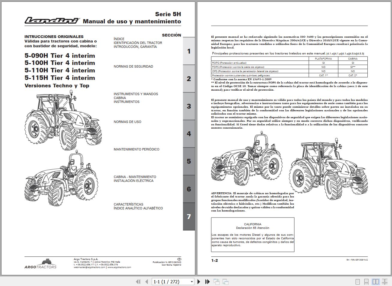 Landini Tractor 5 090H to 5 115H Tier4 interim Operators Maintenance Manual 6513091M2 ES 1