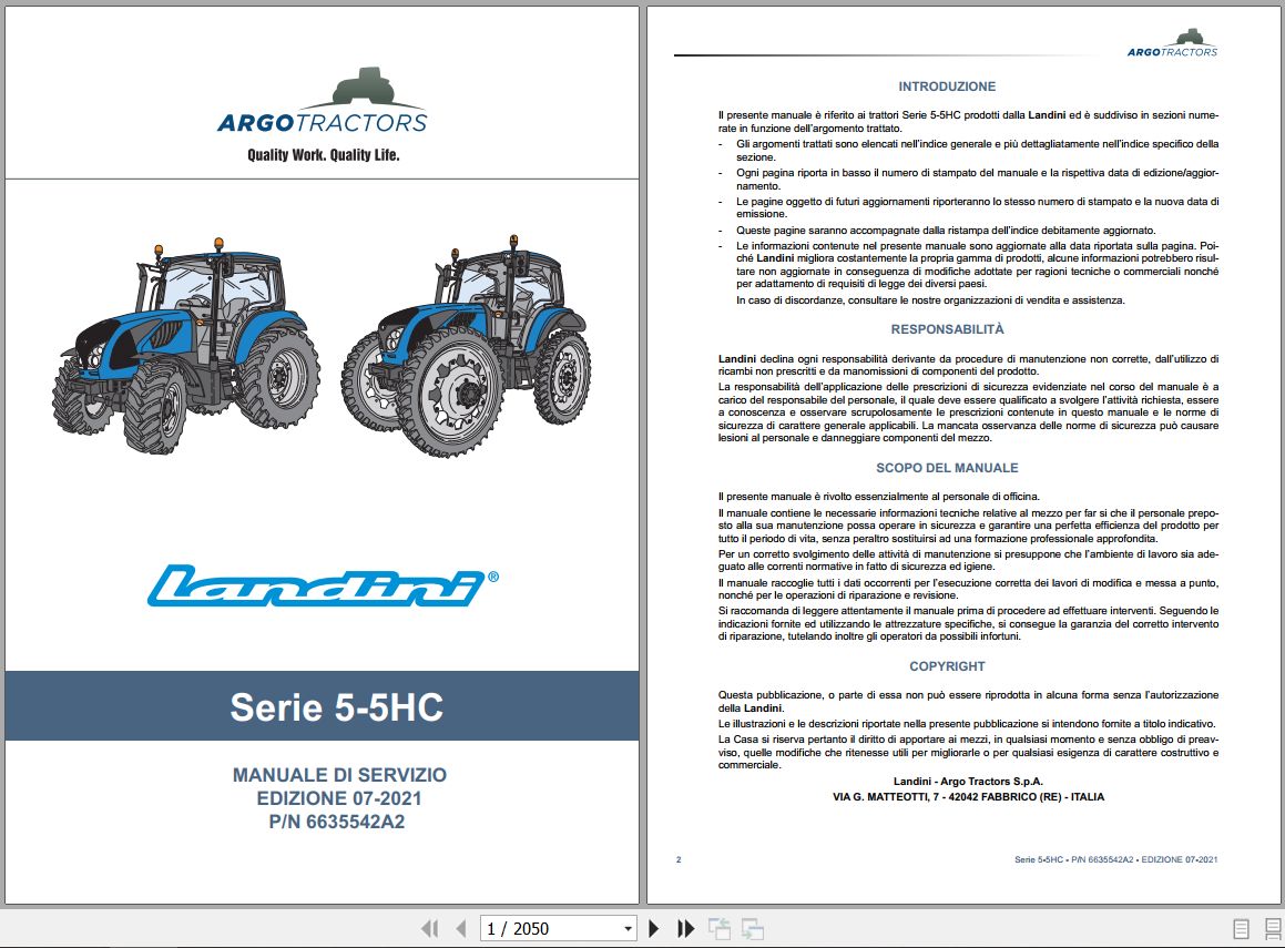 Landini Tractor 5 095 to 5 120 Service Manual 6635542A2 IT 1