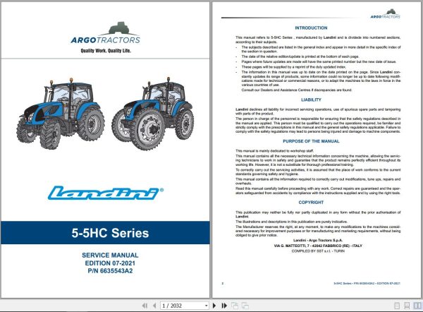 Landini Tractor 5 095 to 5 120 Service Manual 6635543A2 EN 1