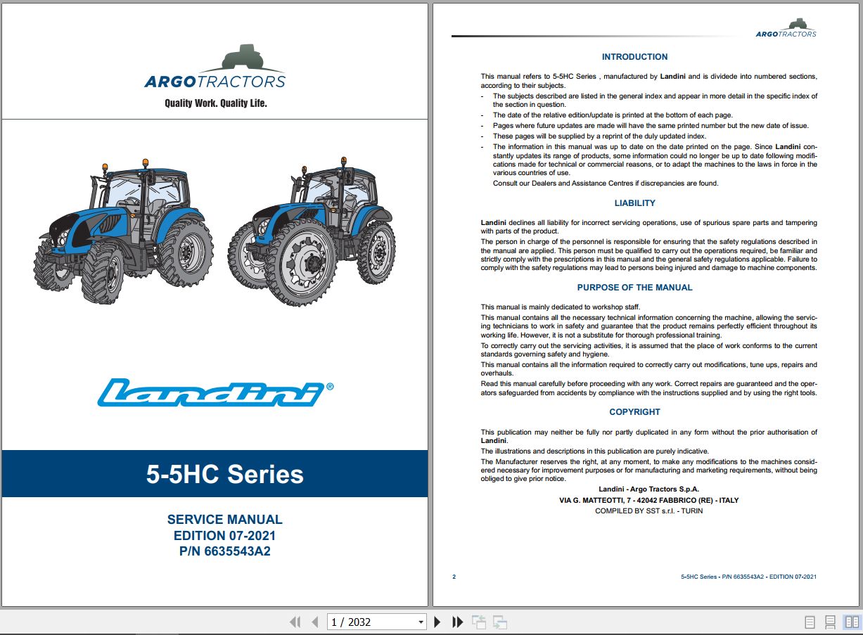 Landini Tractor 5 095 to 5 120 Service Manual 6635543A2 EN 1
