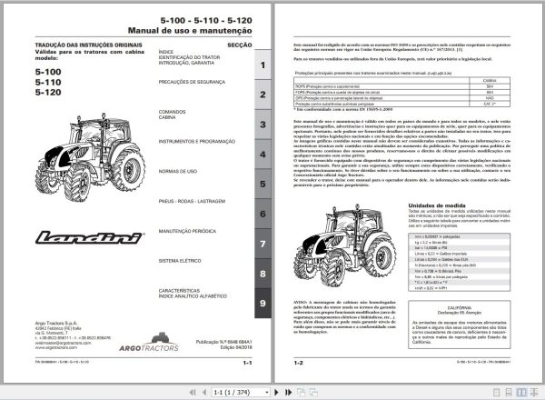 Landini Tractor 5 100 5 110 5 120 Operators Maintenance Manual 6648684A1 PT 1