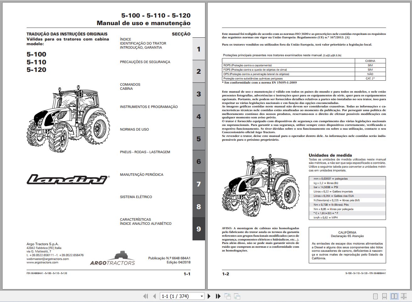 Landini Tractor 5 100 5 110 5 120 Operators Maintenance Manual 6648684A1 PT 1
