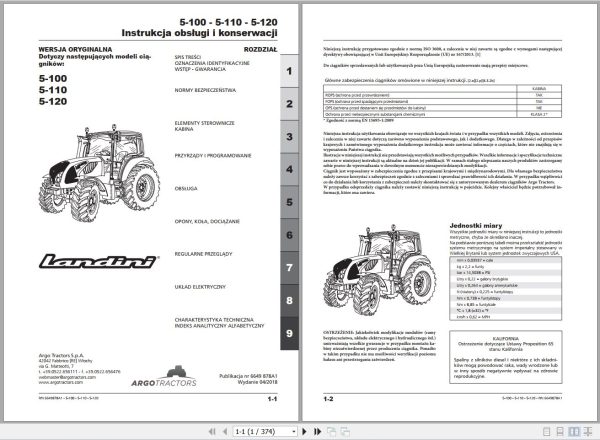 Landini Tractor 5 100 5 110 5 120 Operators Maintenance Manual 6649878A1 PL 1