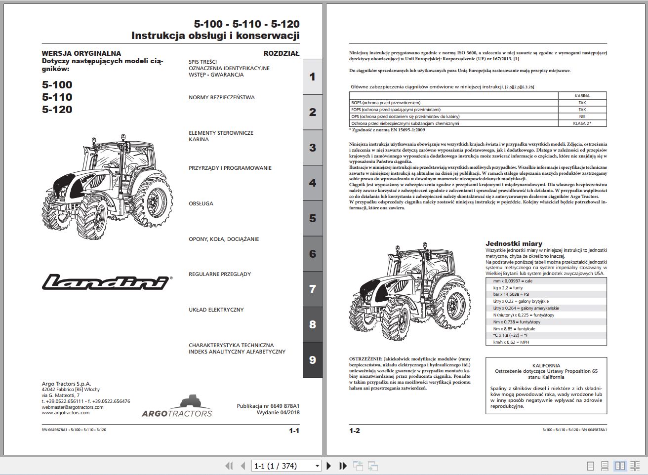 Landini Tractor 5 100 5 110 5 120 Operators Maintenance Manual 6649878A1 PL 1