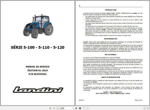 Landini Tractor 5 100 5 110 5 120 Service Manual 6635544A1 FR 1