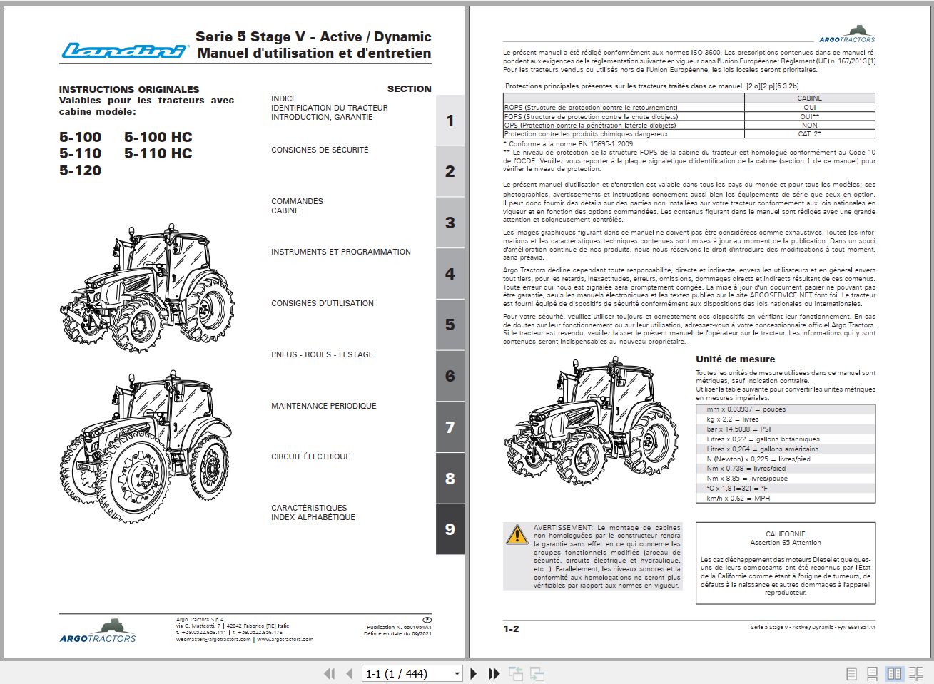 Landini Tractor 5 100 to 5 110 HC Operators Maintenance Manual 6691954A1 FR 1