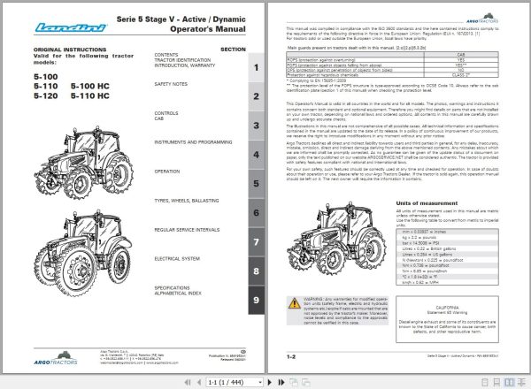 Landini Tractor 5 100 to 5 110HC Operators Maintenance Manual 6691953A1 EN 1