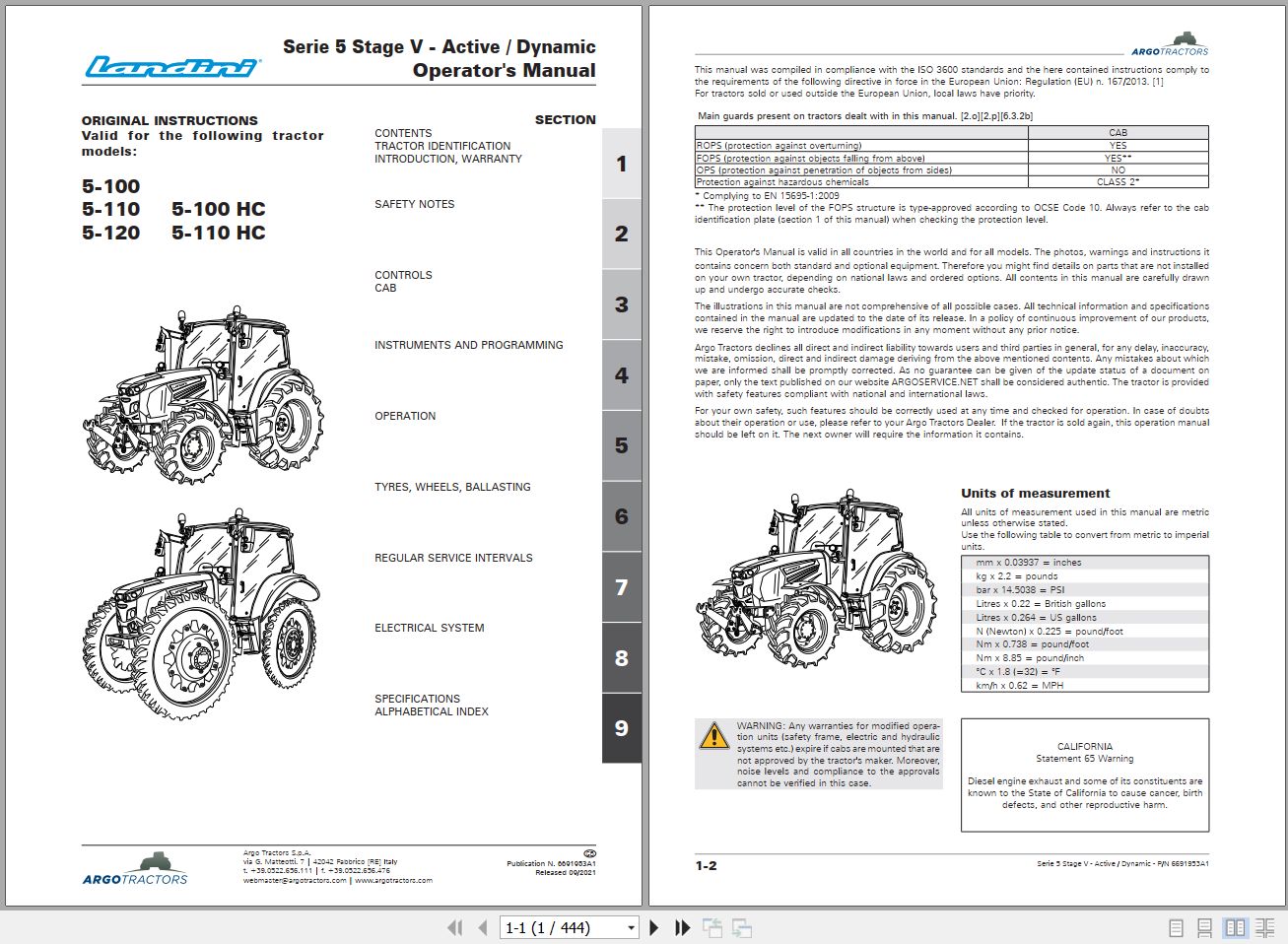 Landini Tractor 5 100 to 5 110HC Operators Maintenance Manual 6691953A1 EN 1